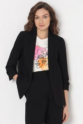 solid polyester relaxed fit women's blazer - black