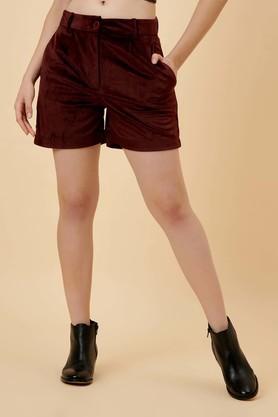 solid polyester relaxed fit women's casual shorts - maroon