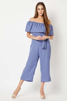 solid polyester relaxed fit women's jumpsuit - blue