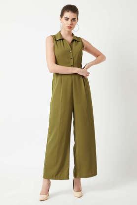 solid polyester relaxed fit women's jumpsuit - green