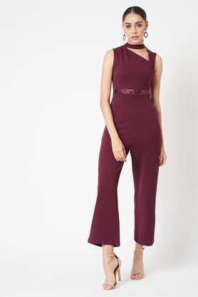 solid polyester relaxed fit women's jumpsuit - maroon