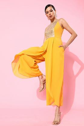 solid polyester relaxed fit women's jumpsuit - mustard