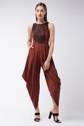 solid polyester relaxed fit women's jumpsuit - rust