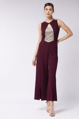 solid polyester relaxed fit women's jumpsuit - wine