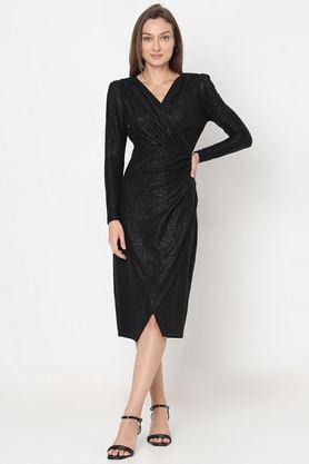 solid polyester relaxed fit women's midi dress - black