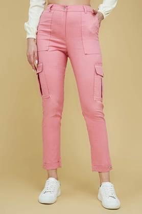 solid polyester relaxed fit women's trousers - pink