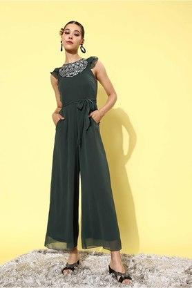 solid polyester relaxed fit womens regular jumpsuit - green