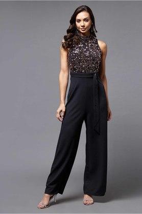 solid polyester relaxed fit womens regular jumpsuit - multi