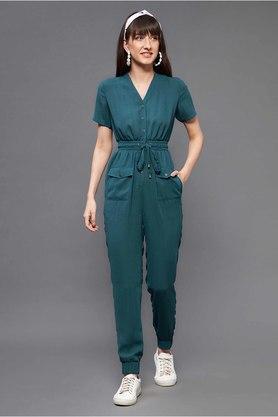 solid polyester relaxed fit womens regular jumpsuit - turquoise