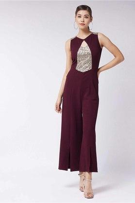 solid polyester relaxed fit womens regular jumpsuit - wine