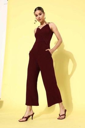 solid polyester relaxed fit womens regular jumpsuit - wine