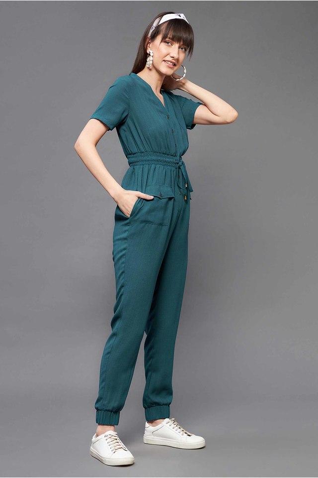 solid polyester relaxed fit womens regular jumpsuit