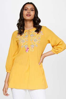 solid polyester round neck  women's top - mustard