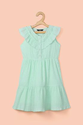 solid polyester round neck girl's casual wear dress - green