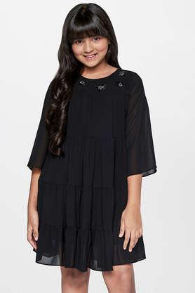 solid polyester round neck girl's party wear dress - black