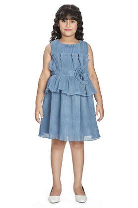 solid polyester round neck girl's party wear dress - teal