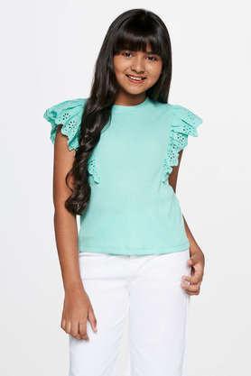 solid polyester round neck girl's tops - green