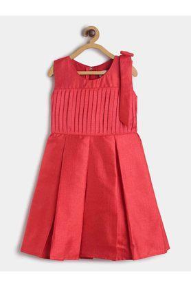 solid polyester round neck girls casual dress - red