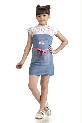 solid polyester round neck girls casual wear dress - blue