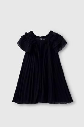 solid polyester round neck girls casual wear dress - navy