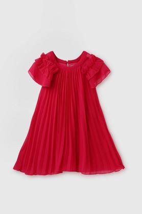 solid polyester round neck girls casual wear dress - pink