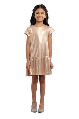 solid polyester round neck girls dress - gold
