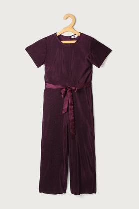 solid polyester round neck girls dress - maroon