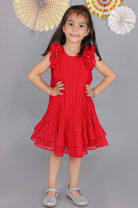 solid polyester round neck girls dress - red