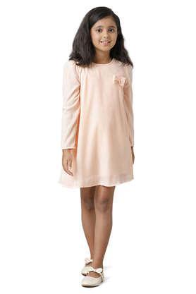 solid polyester round neck girls fusion wear dress - peach