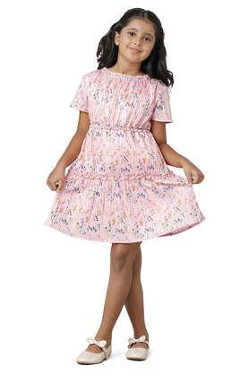 solid polyester round neck girls fusion wear dress - pink