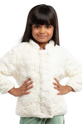solid polyester round neck girls jacket - off white
