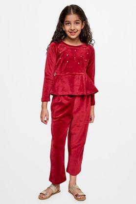 solid polyester round neck girls kurta set - red