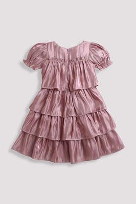 solid polyester round neck girls party wear dress - onion_pink