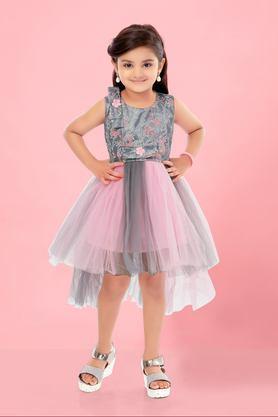 solid polyester round neck girls party wear dress - pink