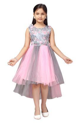 solid polyester round neck girls party wear dress - pink