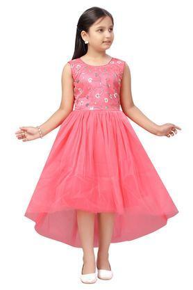 solid polyester round neck girls party wear dress - red