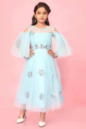 solid polyester round neck girls party wear gown - blue