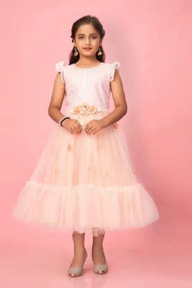 solid polyester round neck girls party wear gown - peach