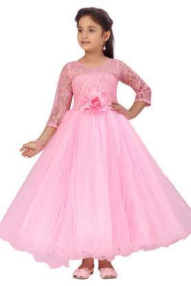 solid polyester round neck girls party wear gown - pink