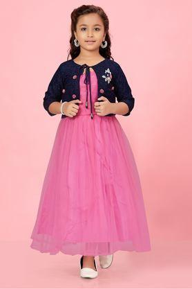 solid polyester round neck girls party wear gown - pink