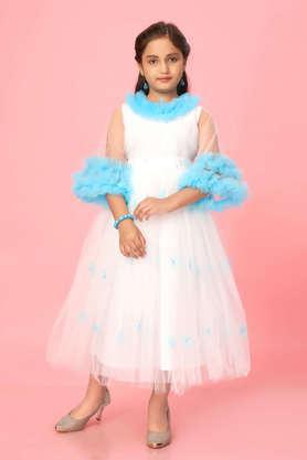 solid polyester round neck girls party wear gown - white