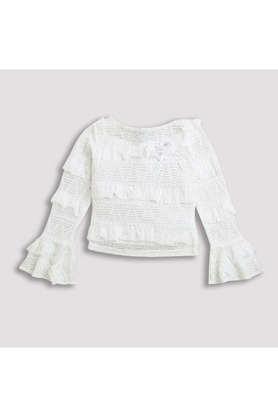 solid polyester round neck girls top - off white