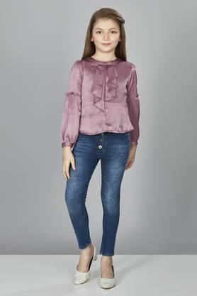 solid polyester round neck girls top - pink