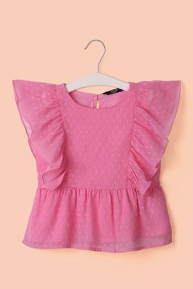 solid polyester round neck girls tops - pink