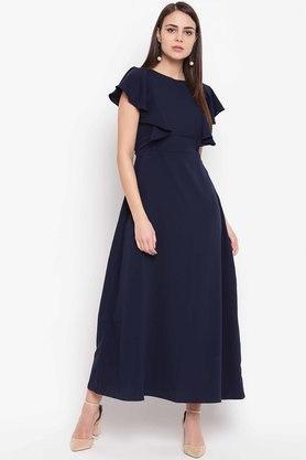 solid polyester round neck women's a-line dress - blue
