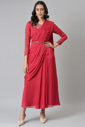 solid polyester round neck women's ethnic dress - red