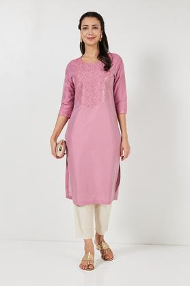 solid polyester round neck women's festive wear straight kurta - pink