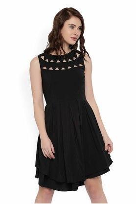 solid polyester round neck women's flared dress - black