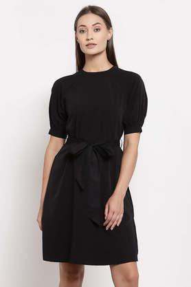 solid polyester round neck women's knee length dress - black