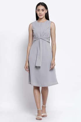 solid polyester round neck women's knee length dress - grey
